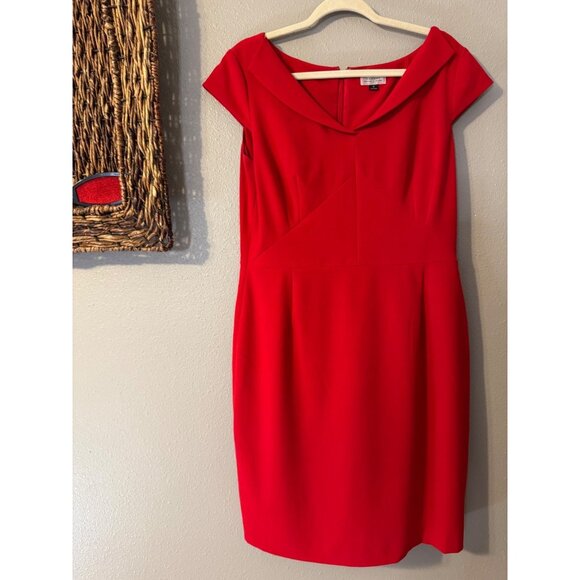 Tahari Levine Dress 12 Red Stretch Sheath Collared Short Sleeve Career Party - Picture 2 of 9